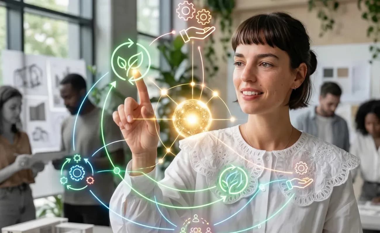 Mujer en una oficina de planta abierta interactuando con una pantalla holográfica circular de RA que muestra iconos de sostenibilidad y tecnología de engranajes. Ella está sonriendo y apuntando a la interfaz brillante.