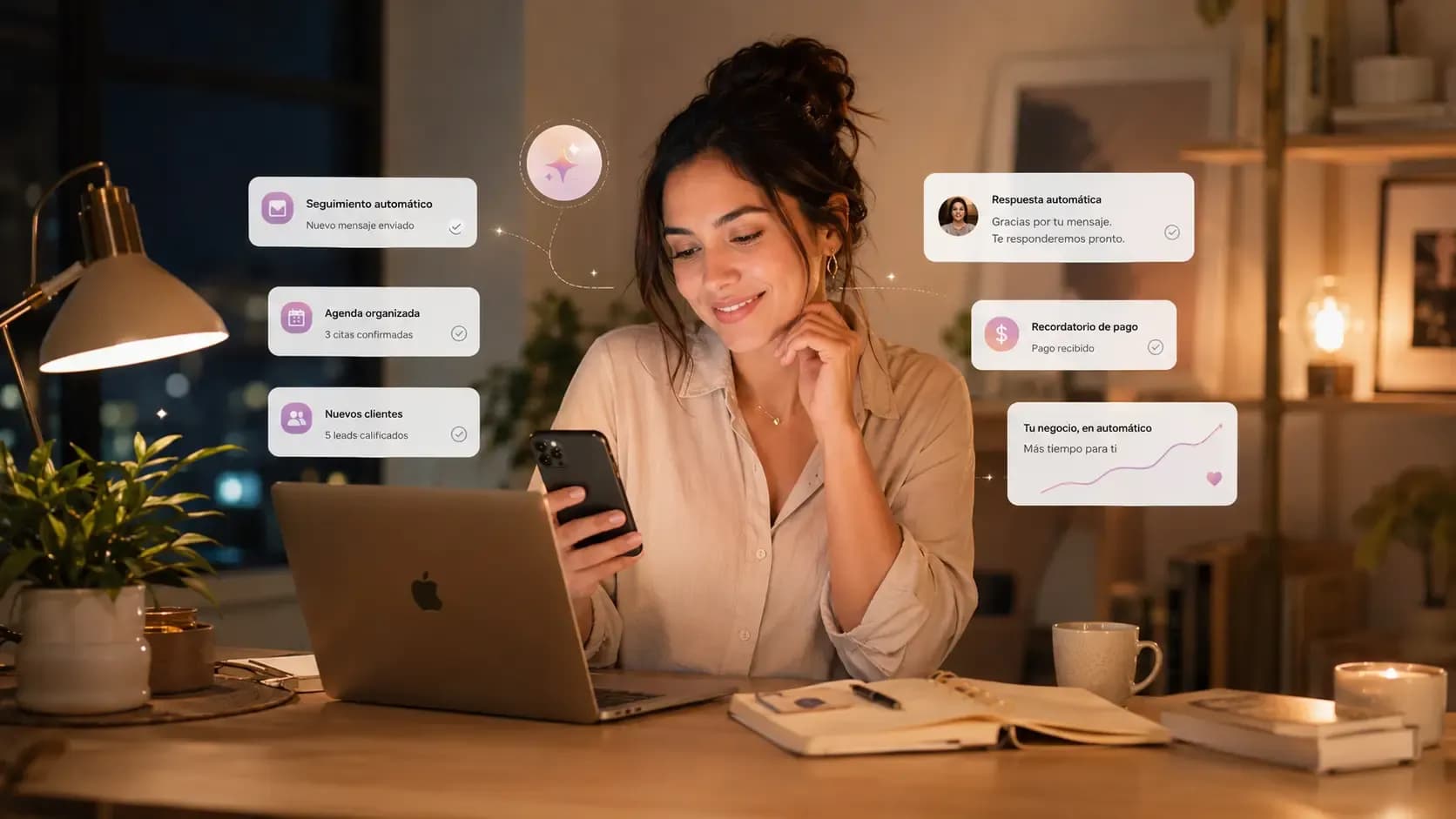Mujer emprendedora trabajando con laptop y teléfono mientras visualiza automatizaciones para gestionar mensajes, agenda, clientes y pagos, mostrando cómo la automatización ayuda a hacer crecer un negocio y ahorrar tiempo.