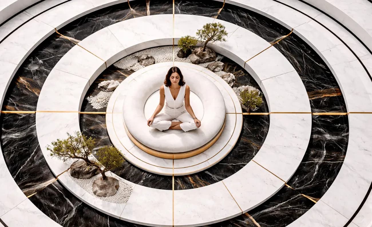 Vista cenital de una mujer meditando en pose de loto, centrada en una gran estructura geométrica circular de mármol con bonsáis enanos.