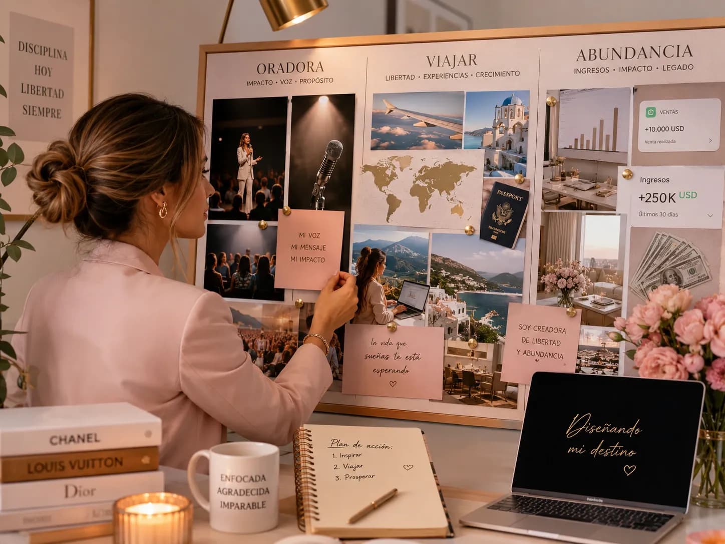 Mujer creando tablero de visión